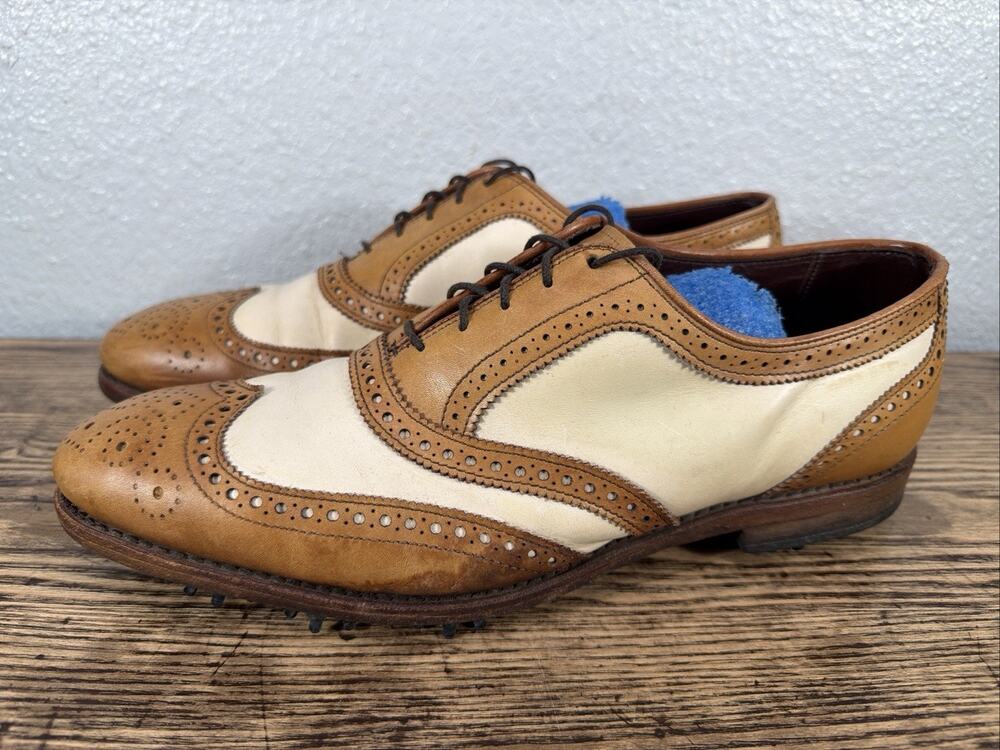 Allen Edmonds Golf Shoes Men’s Size 9.5 D Wingtip Tan Leather Spikes 3010